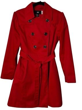 H&M cropped  trench coat,double breast,red,EC, sz 8 , belted ,elevated closet.